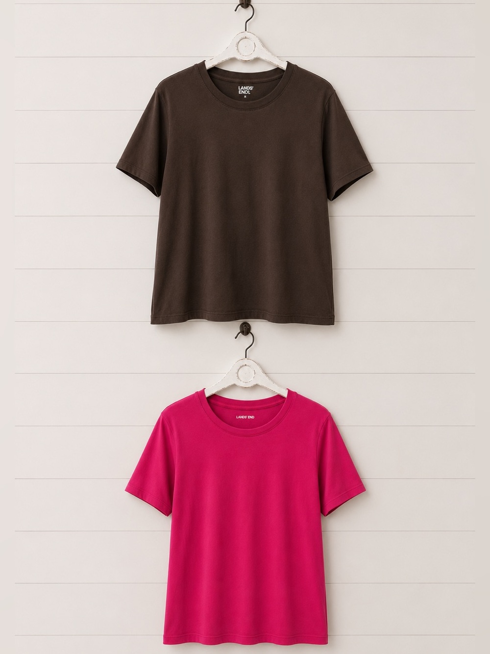 2 Lands' End Brown and Bright Pink Short Sleeve Crewneck Tees